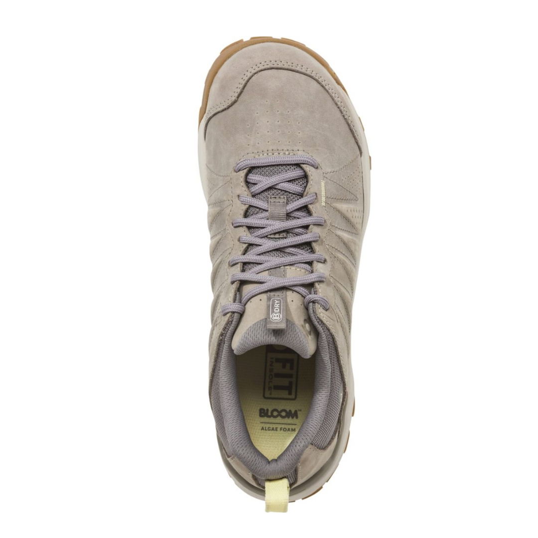 Top view of Women’s Oboz Sypes Low B-DRY in Gravel – featuring a padded tongue and collar, lace-up closure with metal eyelets, and breathable mesh zones for comfort during extended wear.