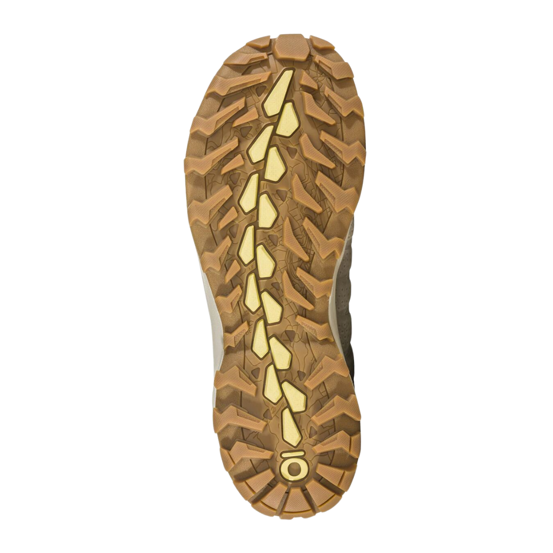 Bottom view of Women’s Oboz Sypes Low B-DRY in Gravel – featuring a padded tongue and collar, lace-up closure with metal eyelets, and breathable mesh zones for comfort during extended wear.