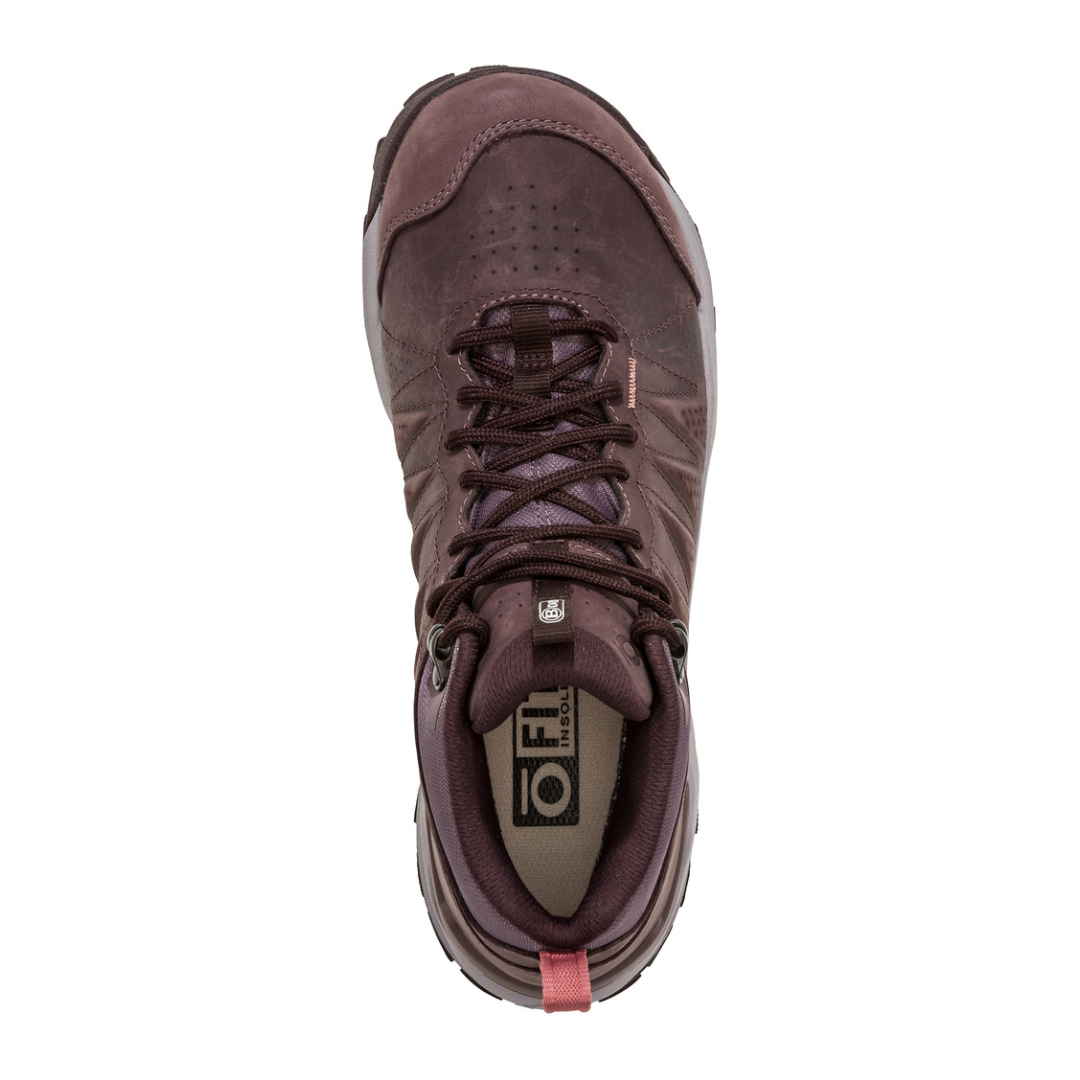 Top view of Women’s Oboz Sypes Low Waterproof in Peppercorn – featuring a waterproof nubuck leather and mesh upper, B-DRY waterproof membrane for moisture protection, EVA midsole for cushioned support, and a muted peppercorn grey tone for versatile outdoor wear.
