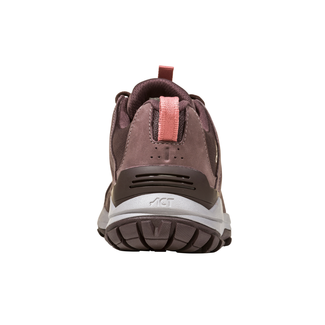 Back view of Women’s Oboz Sypes Low Waterproof in Peppercorn – featuring a waterproof nubuck leather and mesh upper, B-DRY waterproof membrane for moisture protection, EVA midsole for cushioned support, and a muted peppercorn grey tone for versatile outdoor wear.