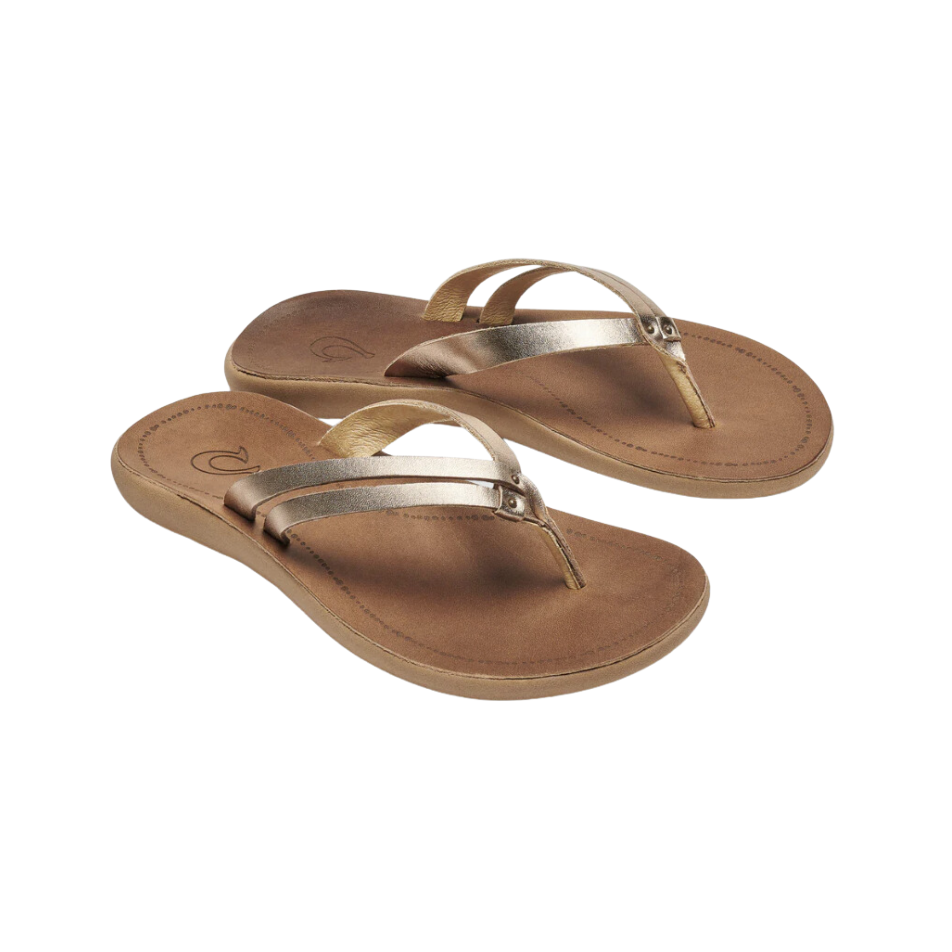 Side View of Women’s Olukai Kapehe Luana sandal in bubbly and sahara – featuring a lightweight midsole, water-resistant leather construction, and stylish beach-ready profile.
