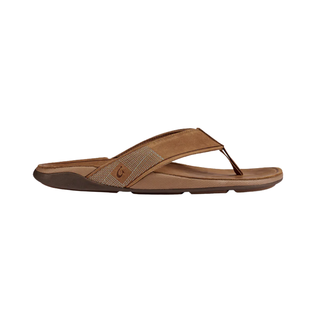 Side View of Men’s Olukai Tauhine in toffee – featuring water-resistant leather straps, a soft microfiber lining, and a lightweight rubber outsole.