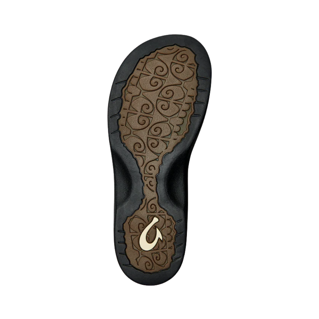 Bottom View of Women’s Olukai Ohana flip-flop sandal in black – featuring a durable rubber outsole, coral reef-inspired tread design, and slip-resistant traction for versatile wear.