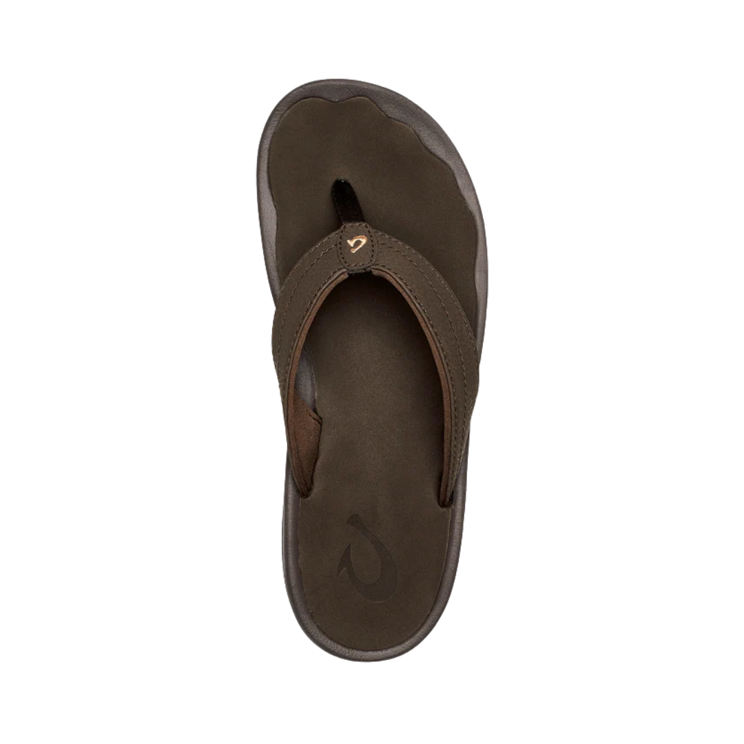 Top View of Women’s Olukai Ohana flip-flop sandal in dark java – featuring a soft jersey-lined footbed, water-resistant synthetic straps, and anatomical arch support for all-day comfort.