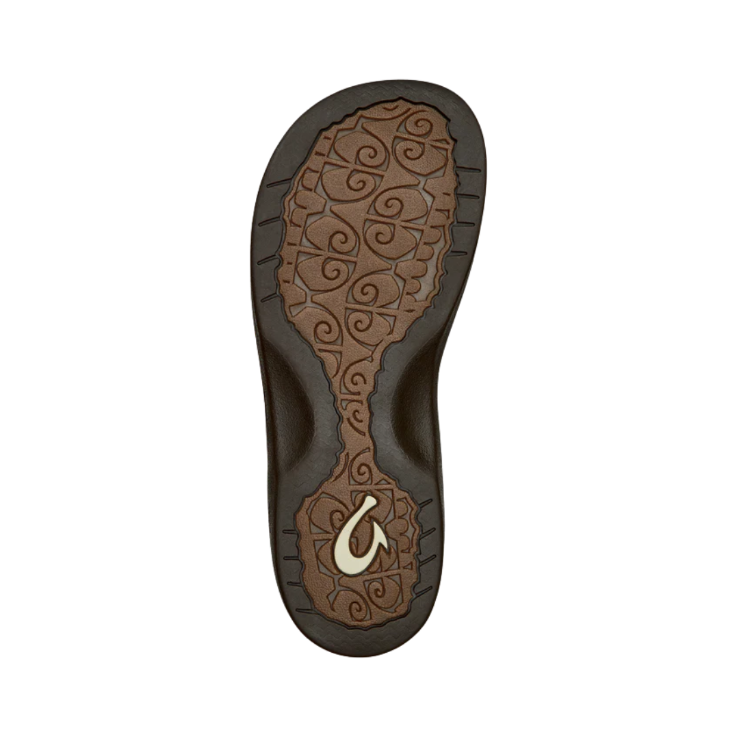 Bottom View of Women’s Olukai Ohana flip-flop sandal in dark java – featuring a non-marking rubber outsole, water-wave traction pods, and durable grip for wet and dry surfaces.