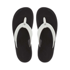 Top View of Women’s Olukai Ohana flip-flop sandal in white and black – featuring a contoured EVA footbed, quick-drying straps, and an anatomically correct arch for all-day support.