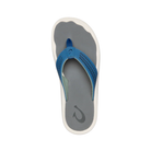 Top View of Men’s Olukai Ulele sandal in slate blue and charcoal – featuring water-resistant synthetic straps, soft quick-drying lining, and a cushioned EVA footbed with excellent traction.