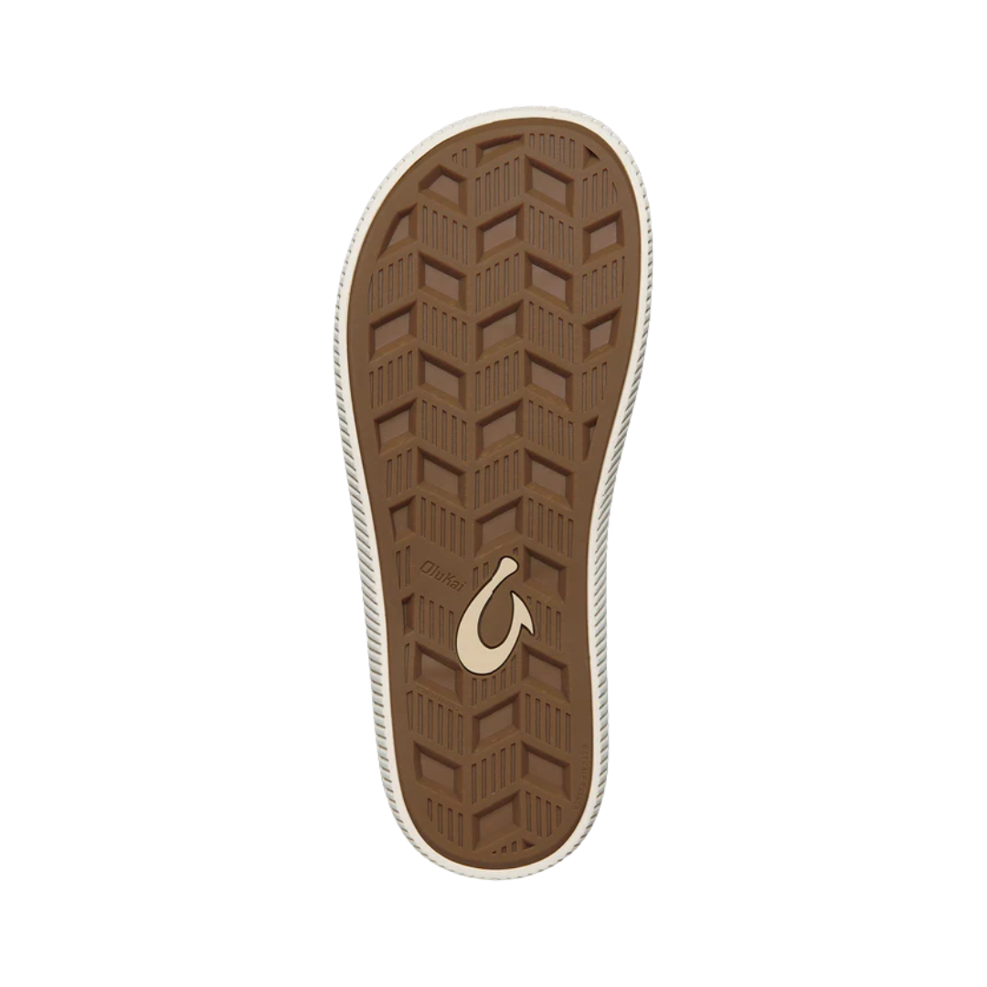 Bottom View of Men’s Olukai Ulele sandal in slate blue and charcoal – featuring durable non-marking rubber outsole, slip-resistant wet grip traction, and lightweight flexible design.