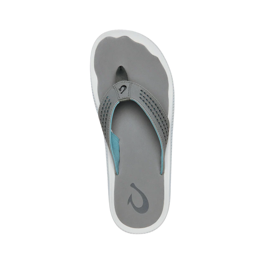 Top view of Men’s Olukai Ulele sandal in stone – features include a contoured footbed, lightweight water-friendly materials, and grippy rubber outsole.