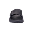 Front  view of Men’s OOFOS Ooahh Sport Flex Sandal in matte black – featuring a matte-finish adjustable hook-and-loop strap, wide slide-in opening, contoured footbed with arch support, and smooth, seamless construction for enhanced comfort.