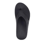Top view of Women’s OOFOS OOriginal Sandal in black – featuring a simple thong-style design, soft toe post, molded footbed with gentle arch support, and smooth, seamless footbed surface for reduced irritation.