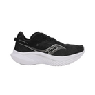 Side View of Women’s Saucony Kinvara 14 Running Shoe in Black/White – Features include PWRRUN midsole cushioning for a lightweight ride, streamlined upper for speed, and beveled midsole for smooth transitions.