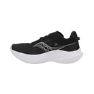 Side View of Women’s Saucony Kinvara 14 Running Shoe in Black/White – Features include PWRRUN midsole cushioning for a lightweight ride, streamlined upper for speed, and beveled midsole for smooth transitions.