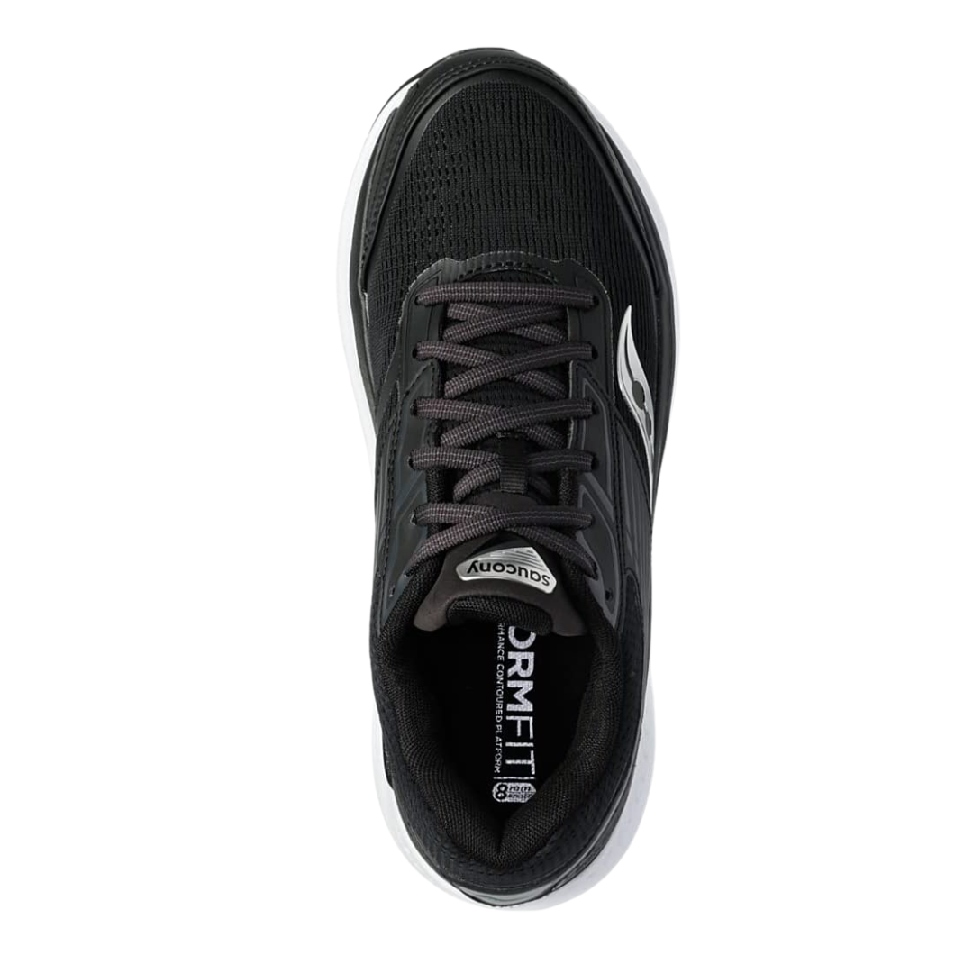 Top view of Women’s Saucony Echelon 8 in Black/White – featuring a spacious fit ideal for orthotics, padded tongue and collar, traditional lace-up closure, and breathable mesh with subtle branding.