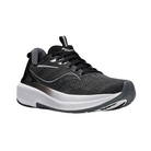 Angled view of Women’s Saucony Echelon 9 in Black/White – featuring a breathable black upper, responsive PWRRUN midsole, wide and stable platform, and classic monochrome styling built for all-day comfort and neutral support.