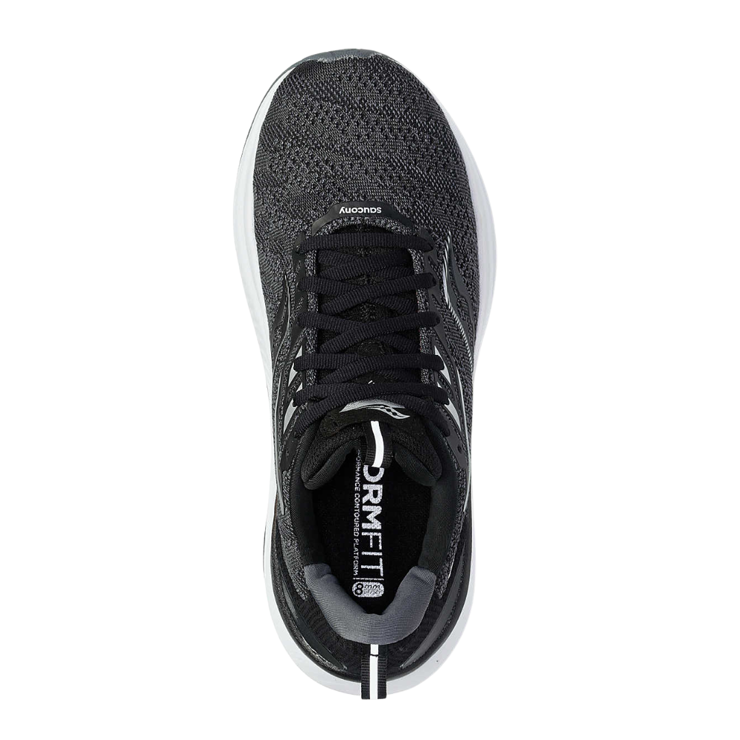 Top view of Women’s Saucony Echelon 9 in Black/White – featuring a padded collar and tongue, breathable mesh upper in black, traditional lace-up closure, and a spacious interior designed to accommodate wide feet or custom orthotics.