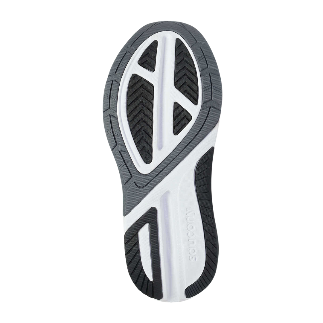 Bottom view of Women’s Saucony Echelon 9 in Black/White – featuring a durable rubber outsole with segmented tread for grip and flexibility, reinforced high-wear zones, and a wide, stable base for smooth strides.