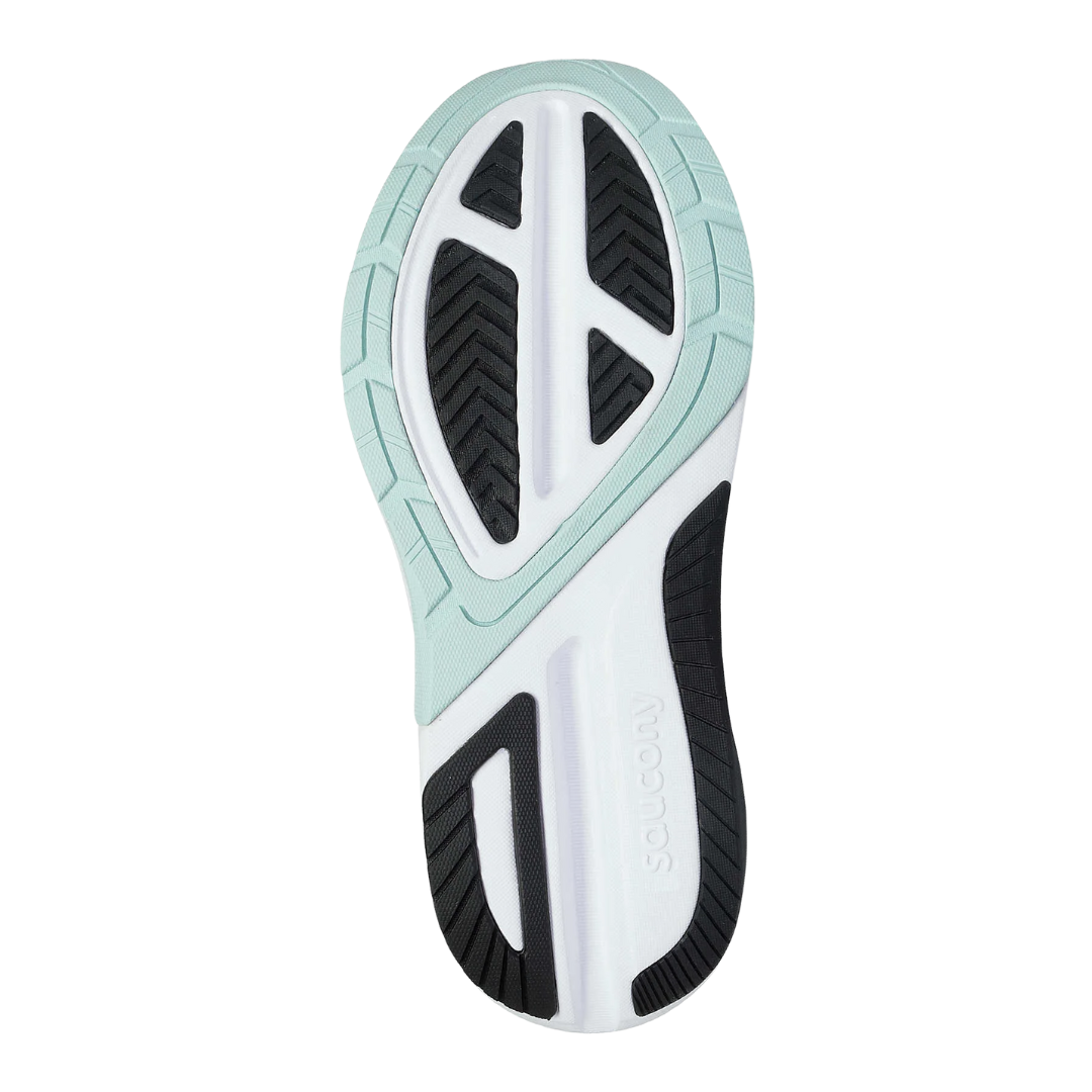 Bottom view of Women’s Saucony Echelon 9 in Charcoal/Ice – featuring a durable rubber outsole with grip-enhancing tread, segmented crash pad for smoother transitions, and reinforced zones for stability and longevity.