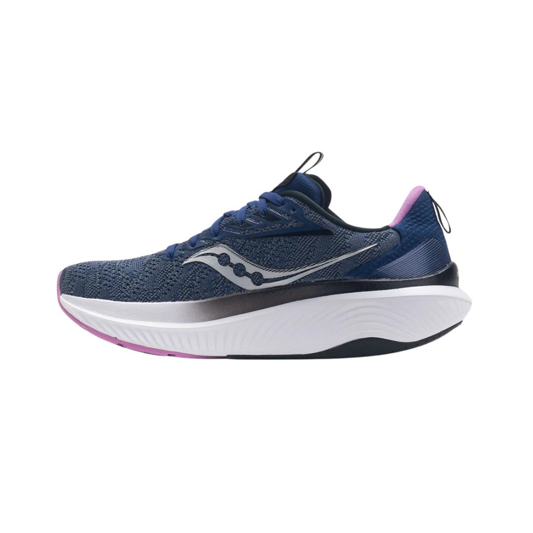 Side view of Women’s Saucony Echelon 9 in Indigo/Grape – featuring a breathable engineered mesh upper, PWRRUN cushioning for soft responsiveness, a stable platform with neutral support, and vibrant grape purple accents along the heel and sole.