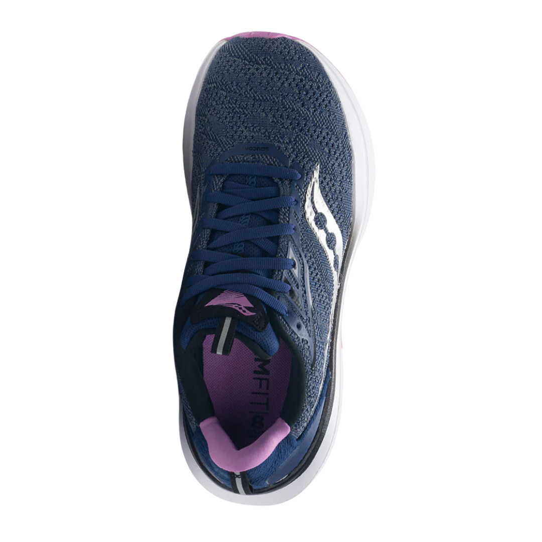 Top view of Women’s Saucony Echelon 9 in Indigo/Grape – featuring a padded tongue and collar, traditional lace-up closure, indigo mesh upper with grape detailing, and a spacious footbed ideal for wide feet and orthotic inserts.