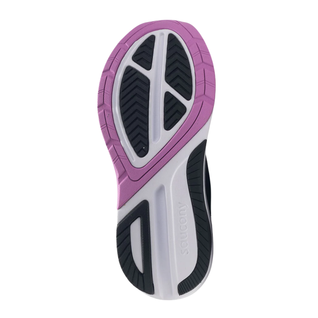 Bottom view of Women’s Saucony Echelon 9 in Indigo/Grape – featuring a durable rubber outsole with high-abrasion tread zones, flex grooves for smoother transitions, and a stable base designed for cushioned walking and running support.