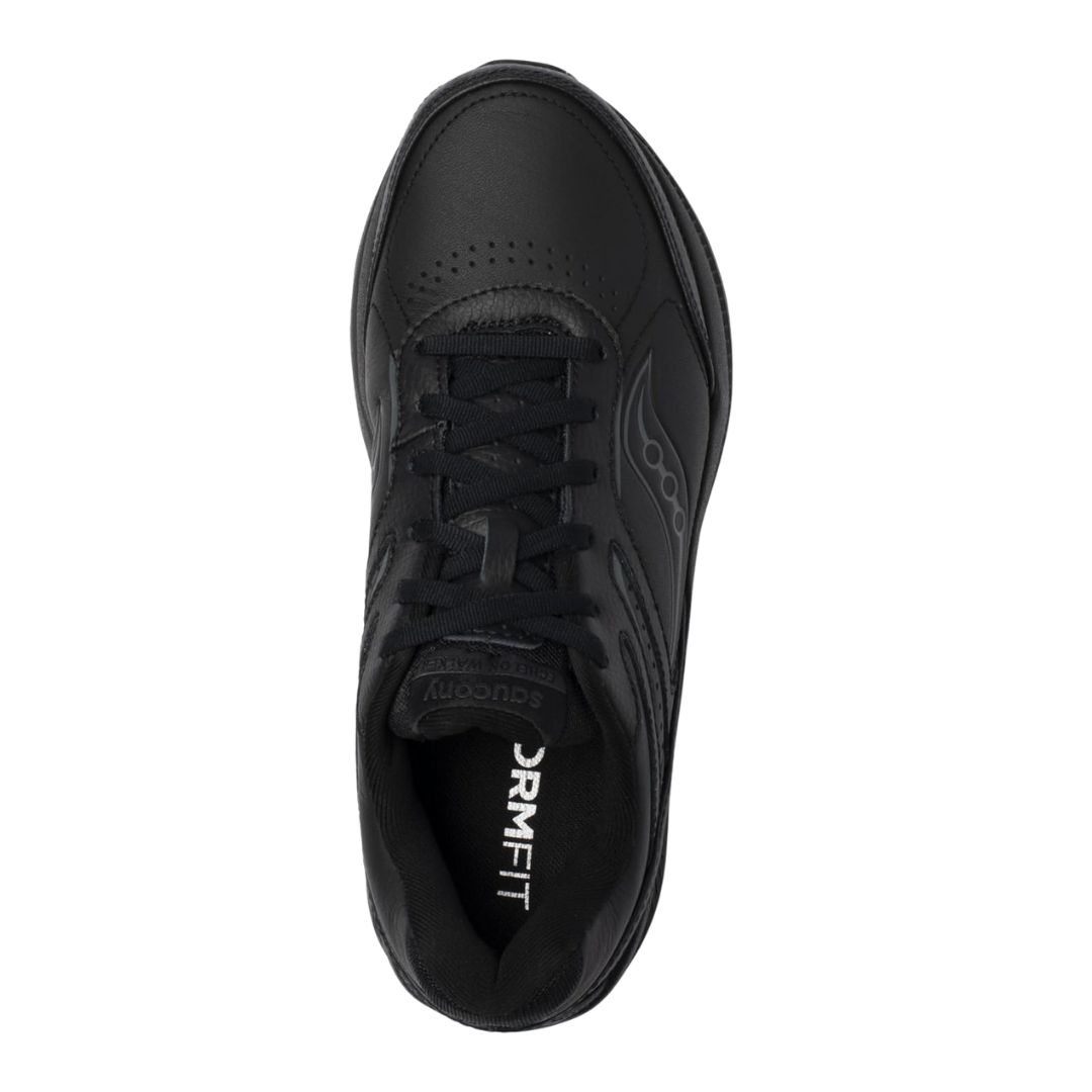 Top view of Saucony Echelon Walker 3 in black – featuring padded tongue and collar, breathable mesh tongue lining, and a spacious fit that accommodates custom orthotics and wide feet comfortably.
