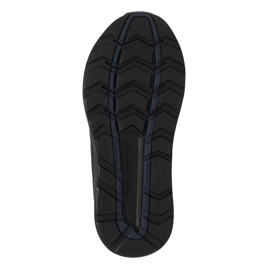 Bottom view of Saucony Echelon Walker 3 in black – featuring a non-slip rubber outsole with grippy tread pattern, durable high-abrasion zones, and WALKTRAC forefoot design for smooth heel-to-toe transitions.