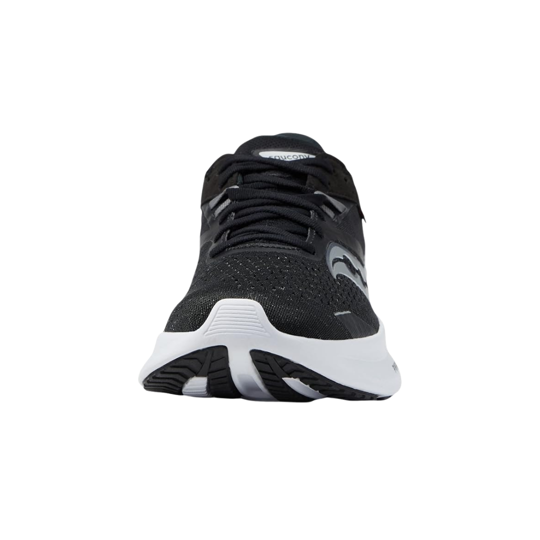 Front view of Women’s Saucony Guide 16 in Black/White – featuring a breathable black mesh toe box, reinforced overlays for structure, and flat black laces for a snug, supportive fit.