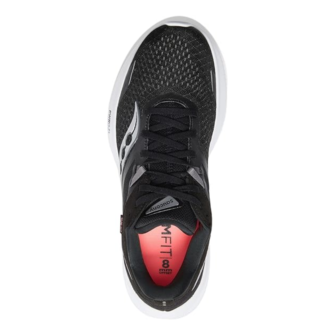 Top view of Women’s Saucony Guide 16 in Black/White – featuring a padded tongue and collar, lace-up closure with subtle logo detailing, and breathable mesh upper shaped for a secure, foot-hugging fit.