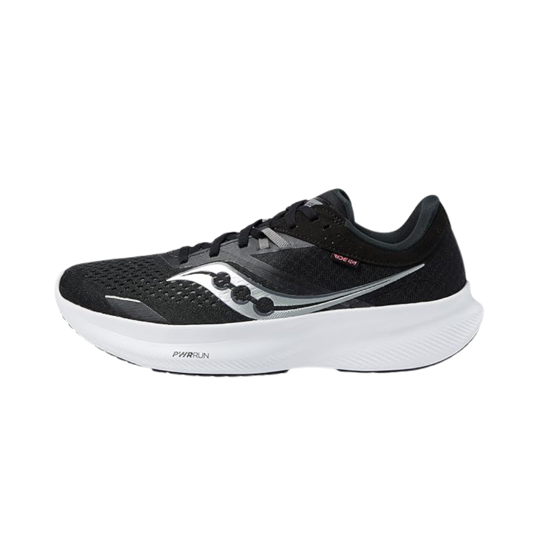 Side view of Women’s Saucony Guide 16 in Black/White – featuring a streamlined black engineered mesh upper, PWRRUN cushioning for soft responsiveness, medial stability support, and a clean black and white color scheme for everyday running.