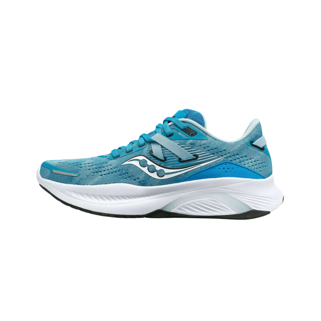 Side view of Women’s Saucony Guide 16 in Ink/White – featuring an engineered mesh upper, PWRRUN cushioning for soft yet responsive comfort, medial support frame for stability, and a stylish ink and white color combination for everyday training.