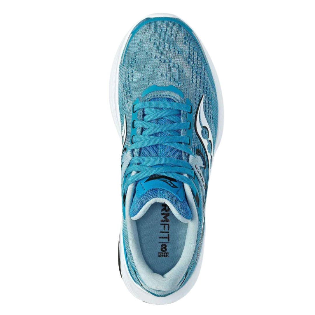 Top view of Women’s Saucony Guide 16 in Ink/White – featuring a padded tongue and collar, streamlined lacing system, breathable mesh construction, and subtle logo detailing for a supportive, foot-hugging fit