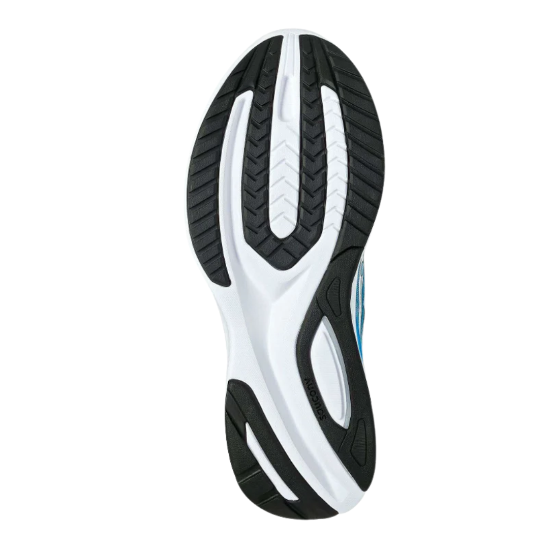 Bottom view of Women’s Saucony Guide 16 in Ink/White – featuring a rubber outsole with durable grip zones, stability-focused geometry, and flex grooves designed for smooth heel-to-toe transitions and control.