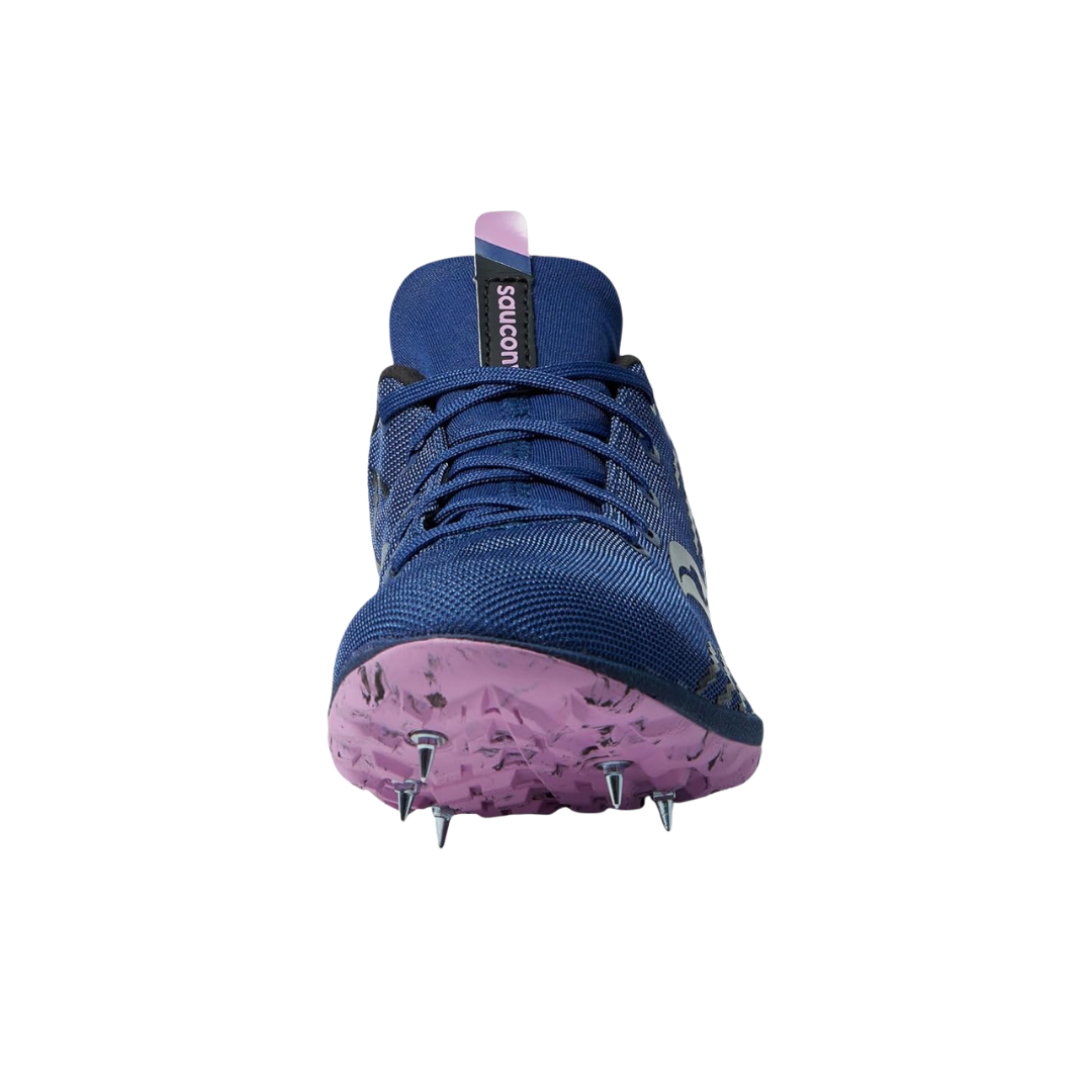 Front view of Women’s Saucony Havok XC3 Spikes in indigo – featuring a breathable mesh toe box in deep indigo, reinforced forefoot overlays, and flat laces for a secure, race-ready fit.