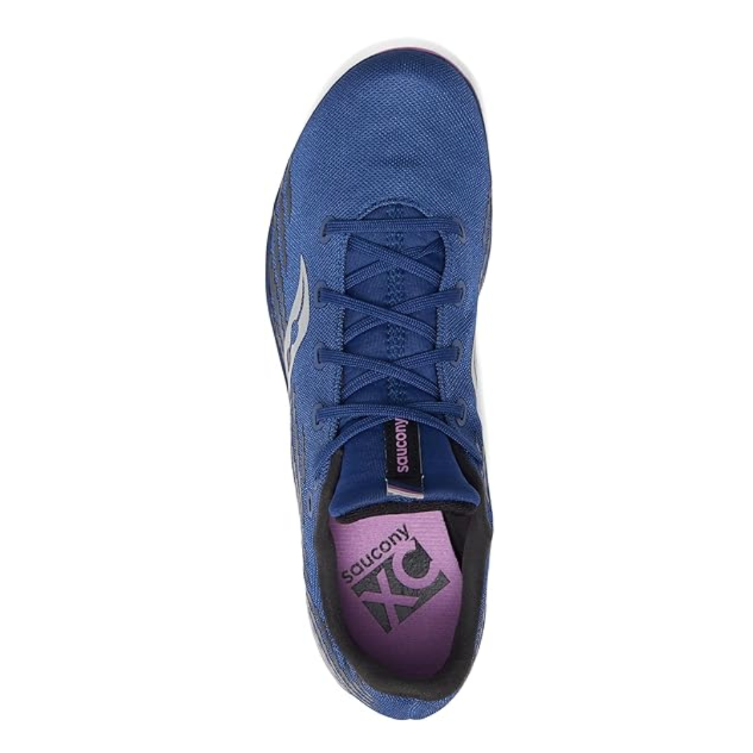 Top view of Women’s Saucony Havok XC3 Spikes in indigo – featuring a form-fitting mesh upper, low-profile tongue, traditional lace-up system, and contoured shape for a locked-in feel across uneven surfaces.