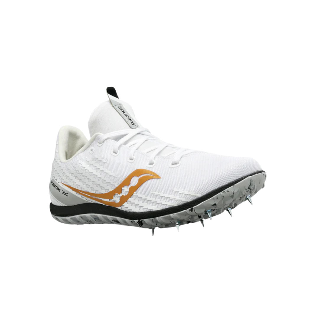 Side view of Women’s Saucony Havok XC3 Spikes in white – featuring an ultralight mesh upper, molded midfoot cage for support, removable spike plate, and a sleek, aerodynamic profile designed for traction and speed on varied terrain.