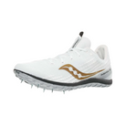 Angled view of Men’s Saucony Havok XC3 Spikes in White – featuring a lightweight and breathable mesh upper, structured support frame, high-traction 6-pin spike plate, and a sleek silhouette optimized for cross-country racing performance.