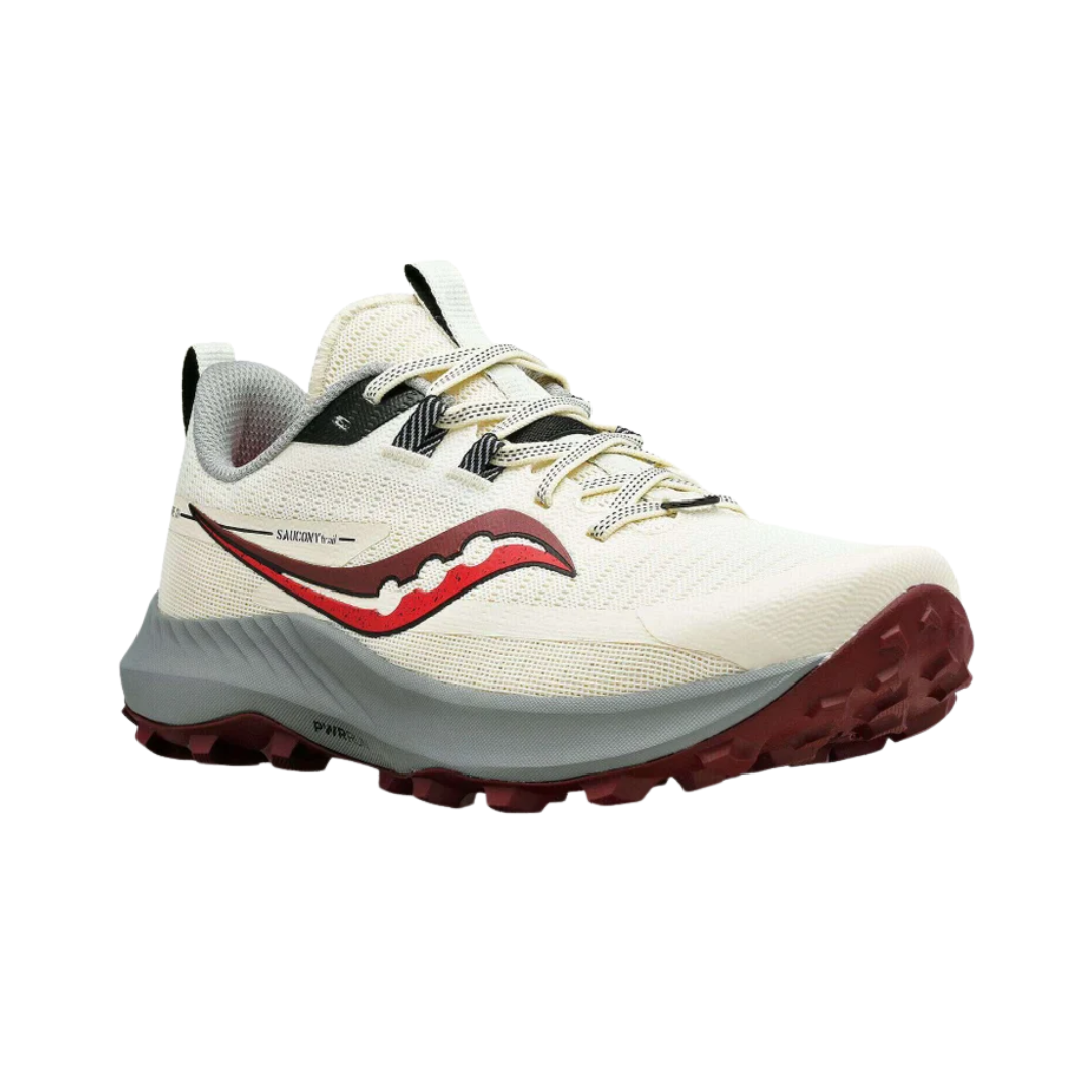 Angled view of Women’s Saucony Peregrine 13 in Glow/Sundown – featuring a lightweight and breathable upper, responsive cushioning, rugged outsole, and eye-catching neon and sunset tones designed for trail running visibility and performance.