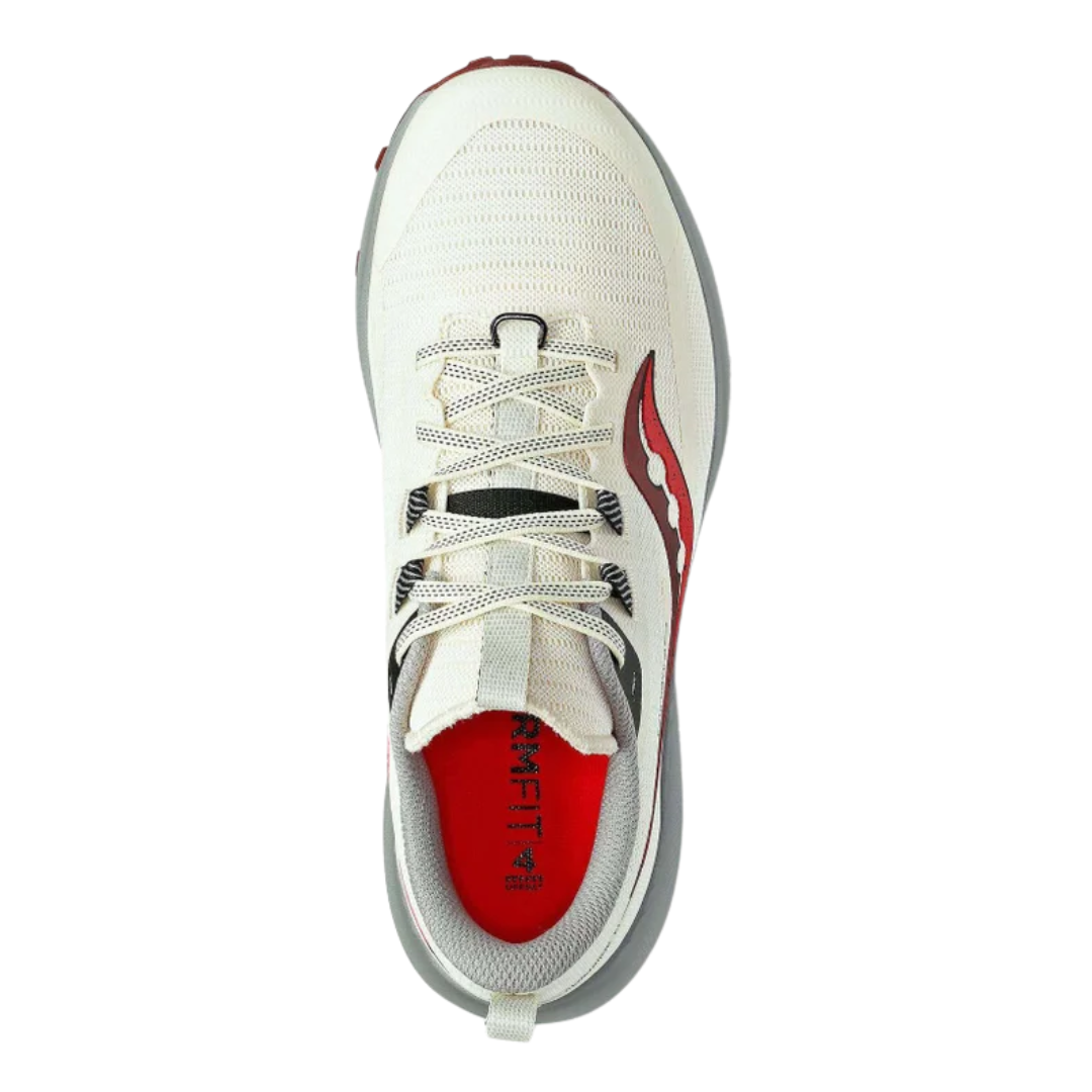 Top view of Women’s Saucony Peregrine 13 in Glow/Sundown – featuring a ventilated upper in neon glow, padded tongue and collar, durable lace system, and a streamlined profile built for agility and comfort on rugged terrain.