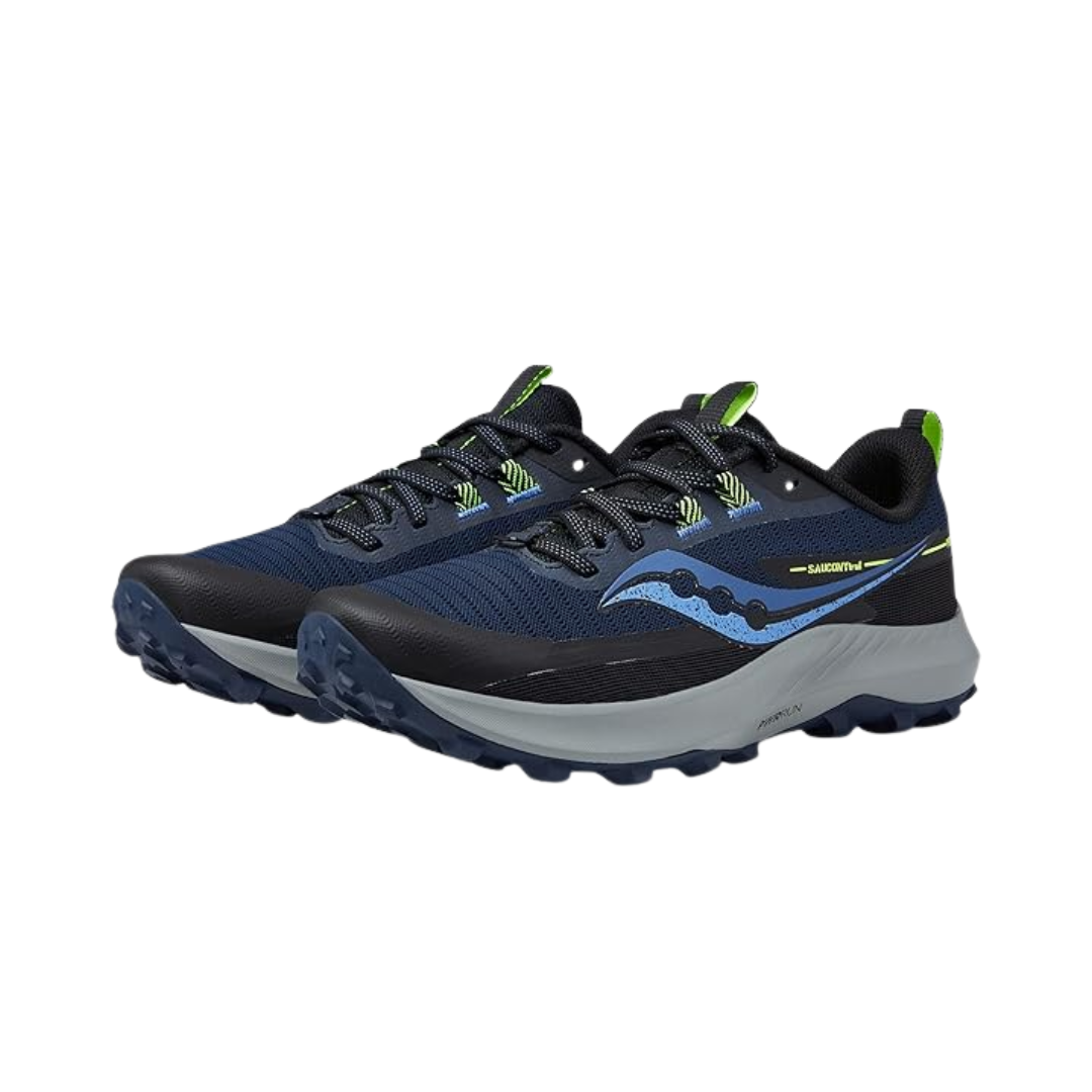 Side view of Women’s Saucony Peregrine 13 in Night/Fossil – featuring a durable engineered mesh upper, PWRRUN cushioning for responsive underfoot comfort, aggressive PWRTRAC outsole lugs, and fossil-toned detailing for a rugged, trail-ready design.