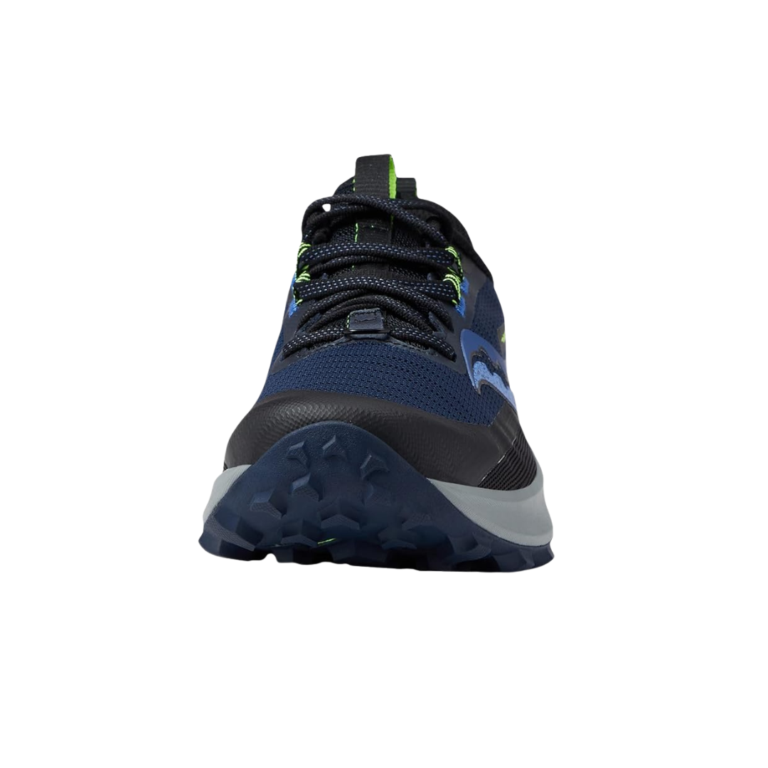 Front view of Women’s Saucony Peregrine 13 in Night/Fossil – featuring a ventilated upper in night navy, padded tongue and collar, flat laces, and a structured silhouette built for off-road support and comfort.