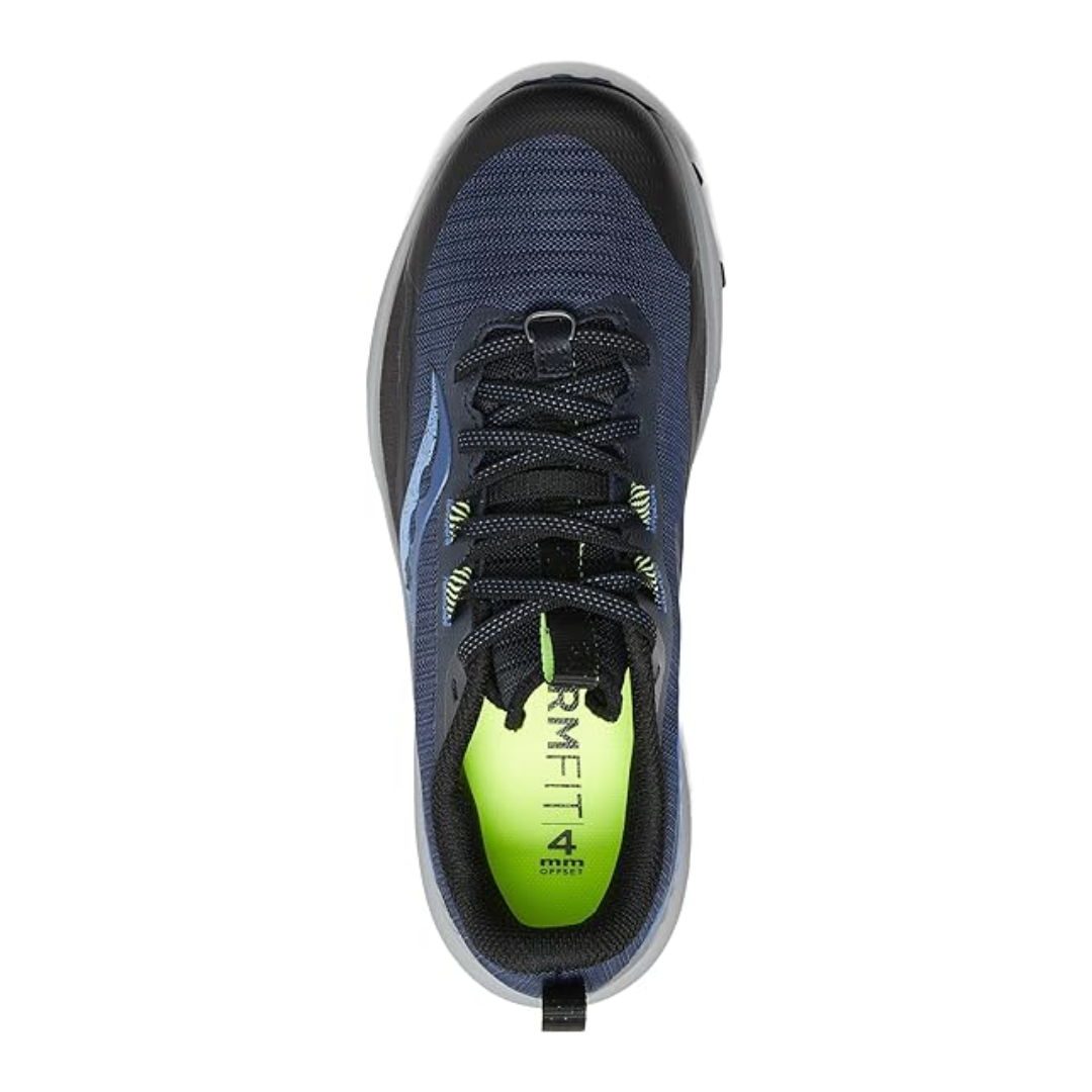 Top view of Women’s Saucony Peregrine 13 in Night/Fossil – featuring a ventilated upper in night navy, padded tongue and collar, flat laces, and a structured silhouette built for off-road support and comfort.