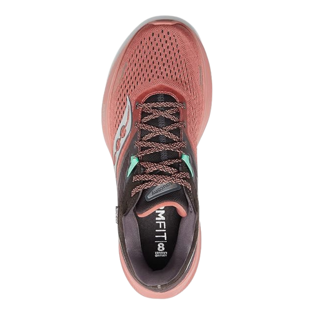 Top view of Women’s Saucony Ride 16 in Soot/Basalt – featuring a lightweight, structured mesh upper with strategic ventilation, padded tongue and collar, and subtle branding in basalt grey for a clean, everyday trainer aesthetic.
