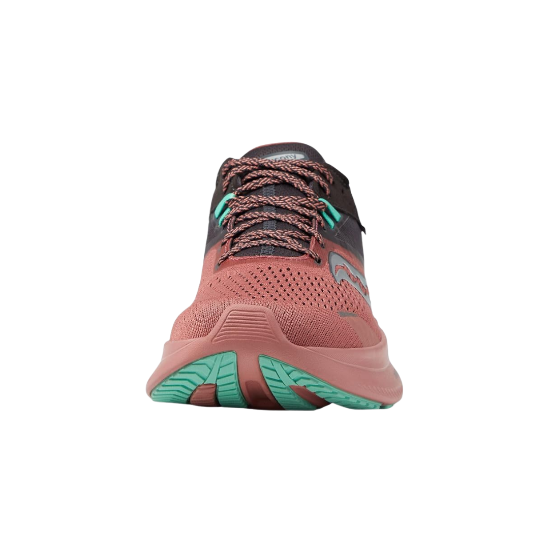 Front view of Women’s Saucony Ride 16 in Soot/Basalt – featuring a molded heel counter for support, padded ankle collar, and reflective heel detailing for visibility in low-light conditions.