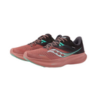 Side view of Women’s Saucony Ride 16 in Soot/Basalt – featuring an engineered mesh upper, PWRRUN cushioning for soft responsiveness, a durable rubber outsole, and a sleek design in deep soot and basalt tones for a modern athletic look.