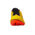 Front view of Women’s Saucony Spitfire 5 Spikes in ViziGold/ViziRed – featuring a rigid 7-pin spike plate for maximum traction, molded rubber outsole for grip on the track, and strategic flex grooves for power transfer.