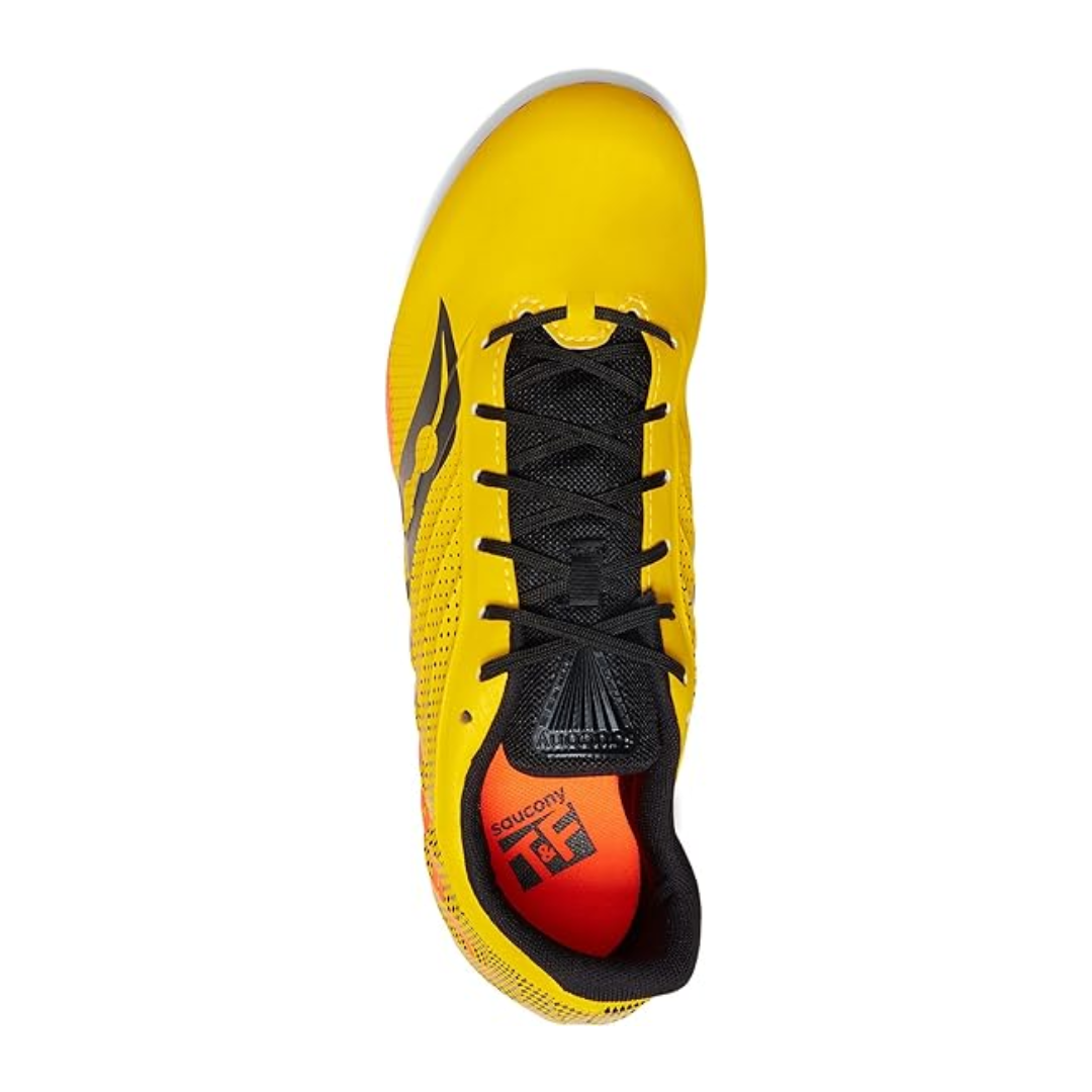 Top view of Women’s Saucony Spitfire 5 Spikes in ViziGold/ViziRed – featuring a sleek upper with ventilated mesh panels, flat laces for reduced pressure, and a contoured fit that hugs the foot during explosive sprint movements.