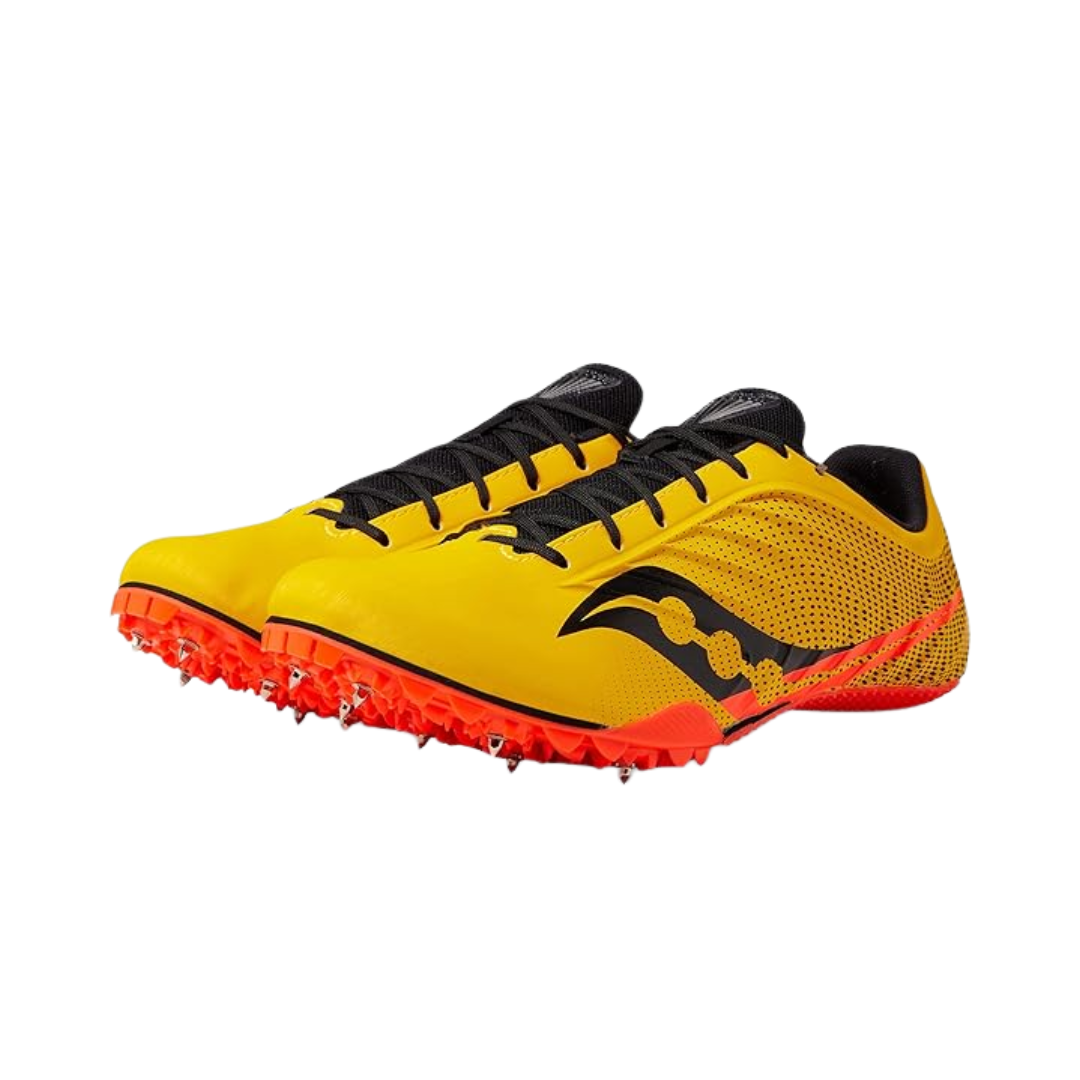 Side view of Women’s Saucony Spitfire 5 Spikes in ViziGold/ViziRed – featuring a lightweight synthetic upper, bold ViziGold and ViziRed color blocking, low-profile sprint plate with removable spikes, and aggressive styling built for speed.