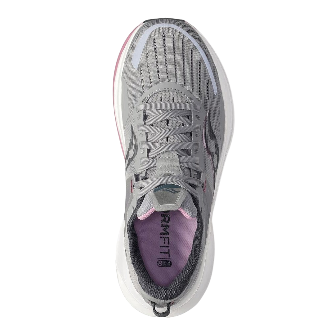 Top view of Women’s Saucony Tempus in Alloy/Quartz – featuring an airy mesh upper, traditional lace-up closure, padded collar and tongue, and subtle branding details in contrasting pink for a clean, feminine look.