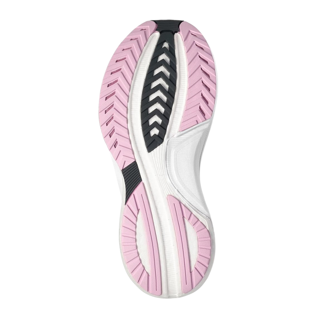 Bottom view of Women’s Saucony Tempus in Alloy/Quartz – featuring a durable rubber outsole with traction zones, guidance grooves for smooth transitions, and extended heel and forefoot coverage for durability and grip.